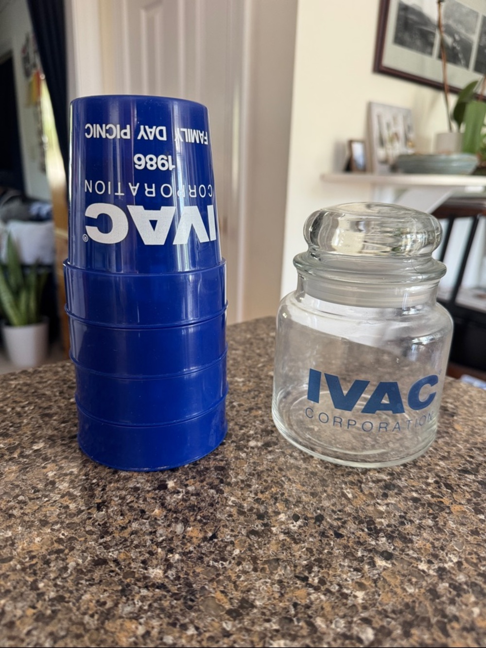 IVAC Corporation 1986 Vintage Glass Candy Jar and Blue Stacking Cups